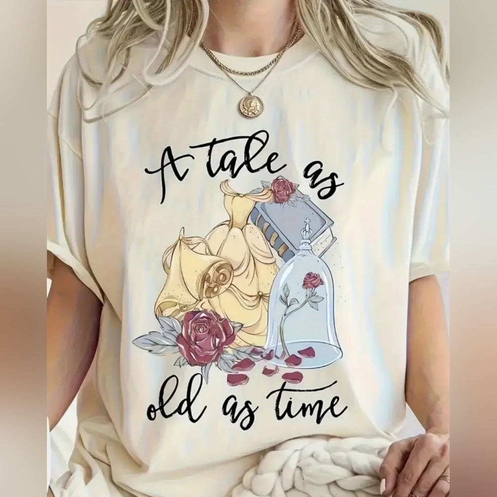 NEW! NEW Cream Graphic Tee with Rose and Book Design Size XXL